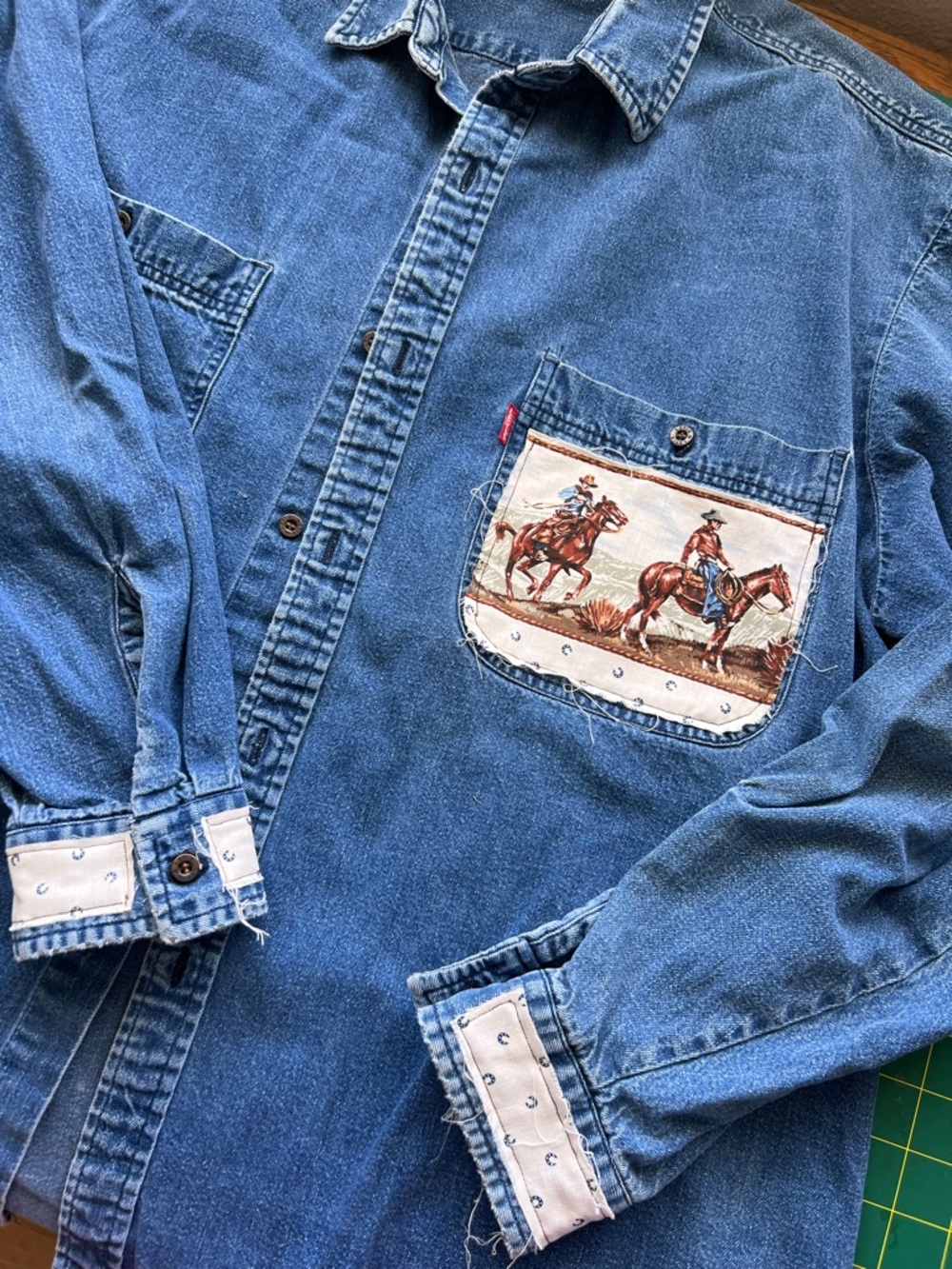 Vintage Levi handmade upcycled western cowboy patchwork button down XL - Picture 3 of 7